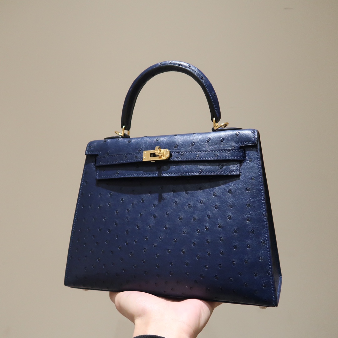 Hermes Kelly 25cm Handbag Shoulder Bag in Dark Blue Ostrich Leather